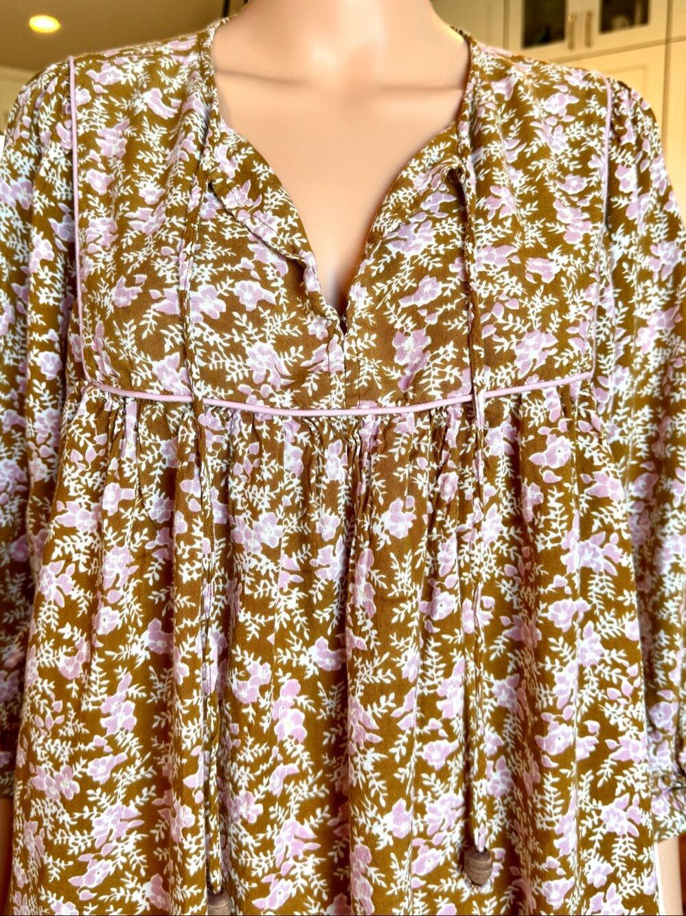 Natural Life Aimee Tunic Mini Dress Brown Pink Floral Boho Babydoll Medium - Picture 3 of 6
